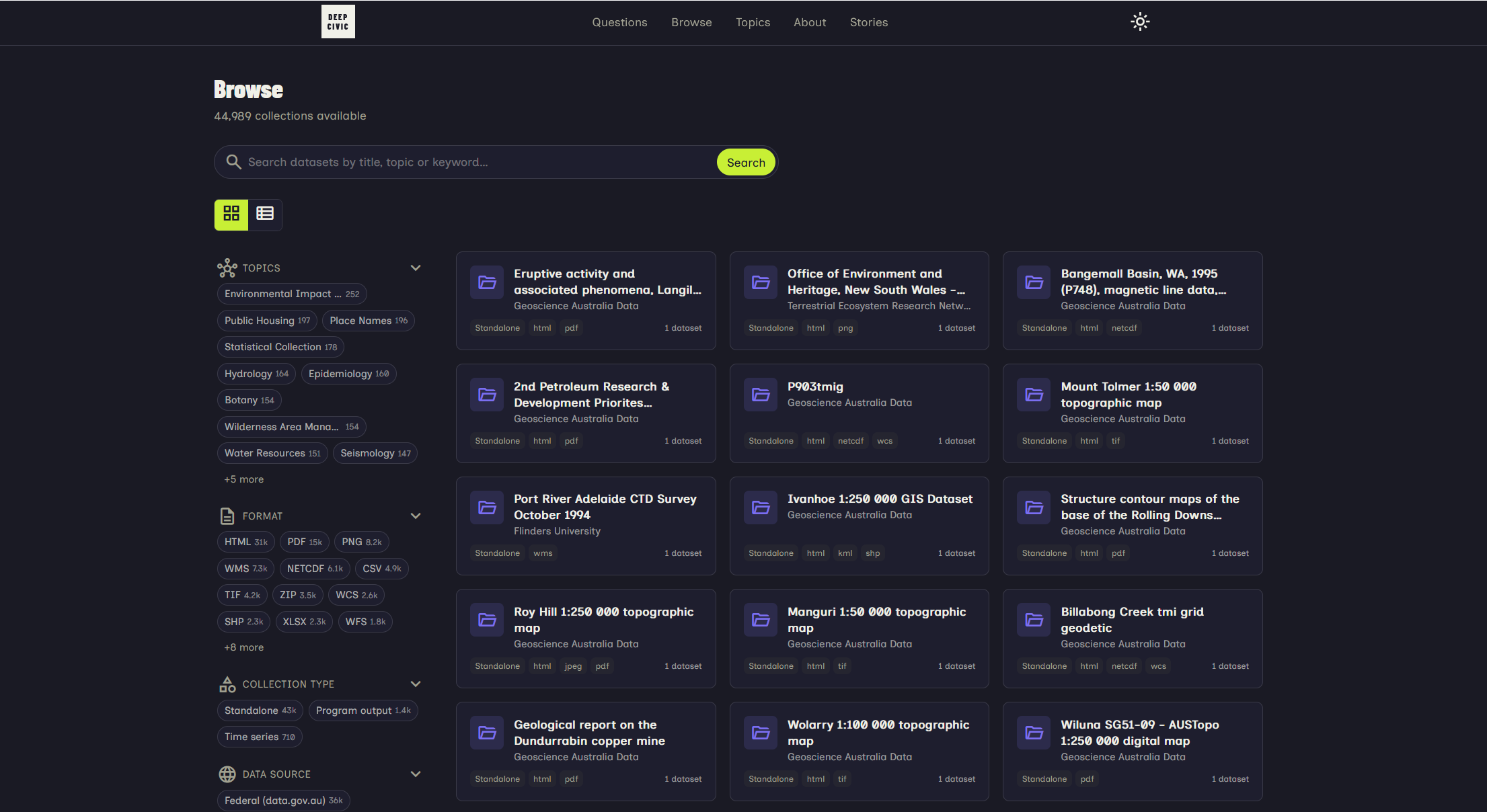 DeepCivic open government dataset search interface