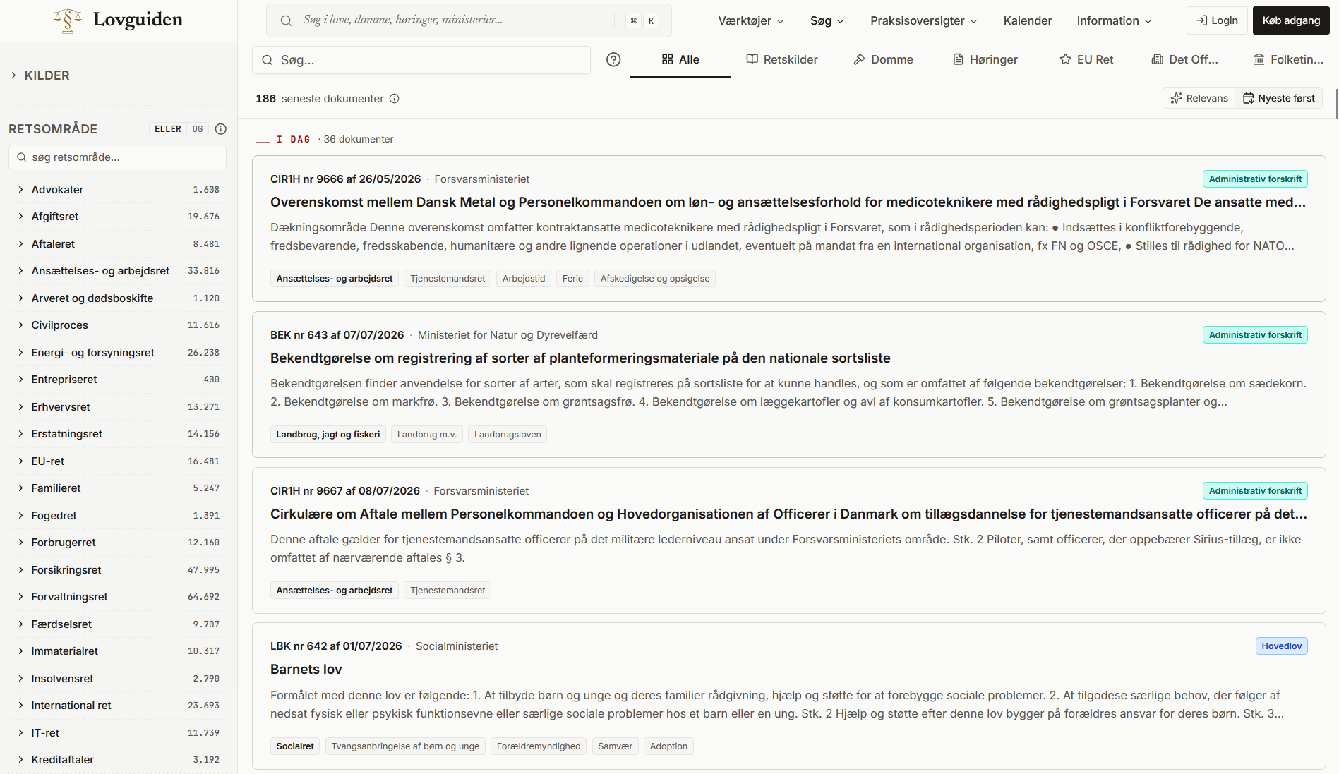 Lovguiden Danish legal search interface